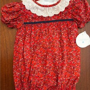 Edgehill Collection Red Floral Baby One-Piece with Lace Collar
